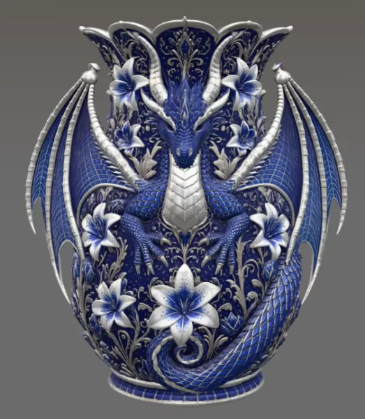 Royal Blue Lily Dragon Vase STL File for 3D Print - Model preview 8