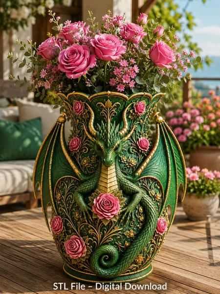Emerald Rose Dragon Vase STL for 3D Print - Model preview 4