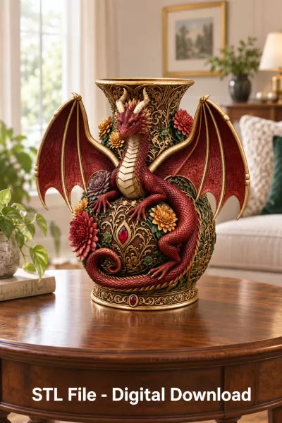 Crimson Floral Dragon Vase STL File for 3D Print - Model preview 1