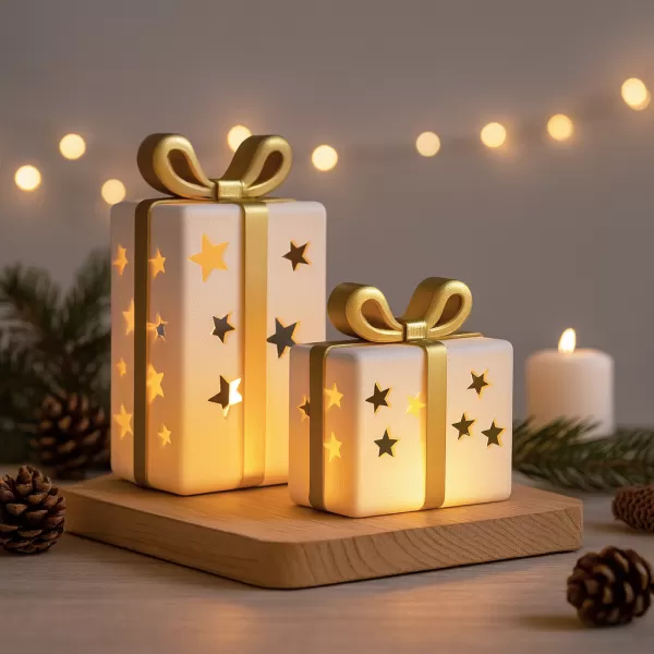 Gift Box Candle Holder Set | Star Cutout Holiday Decor - Model preview 2