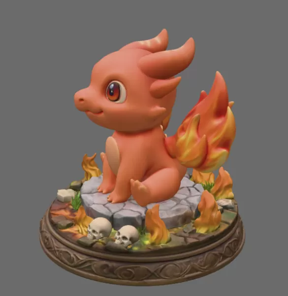 Fire Baby Dragon STL File 3D Printable Cute Fire Dragon Figurine - Model preview 6