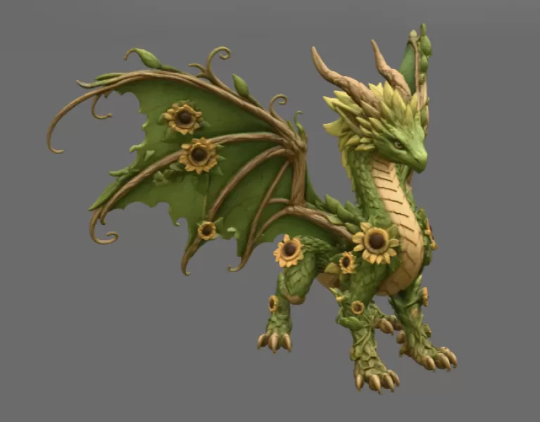 Sunflower Meadow Dragon STL File for 3D Print - Model preview 10