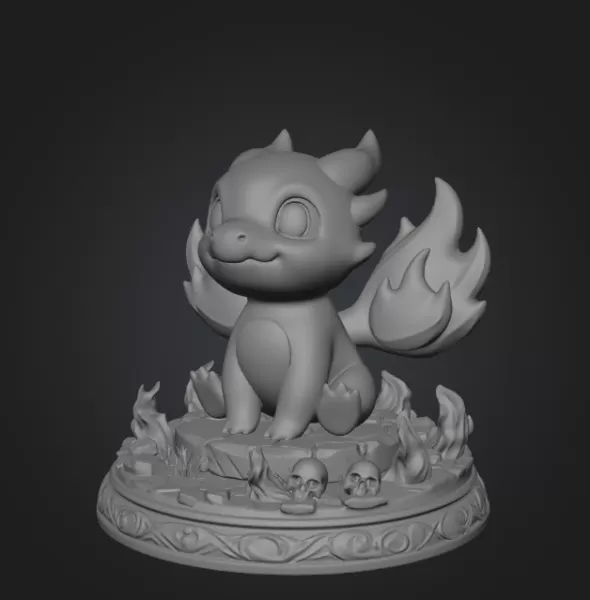 Fire Baby Dragon STL File 3D Printable Cute Fire Dragon Figurine - Model preview 9