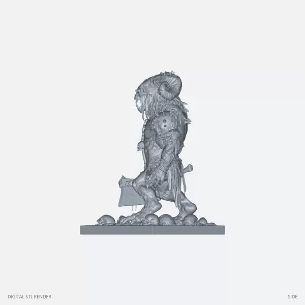 Horned Axe Warrior on Skull Base - STL - Model preview 3