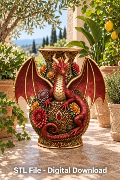 Crimson Floral Dragon Vase STL File for 3D Print - Model preview 3
