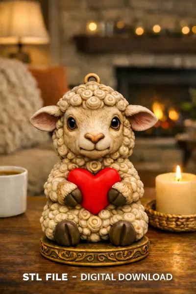 Adorable Lamb with Heart – Cute 3D Printable Figurine STL - Model preview 2