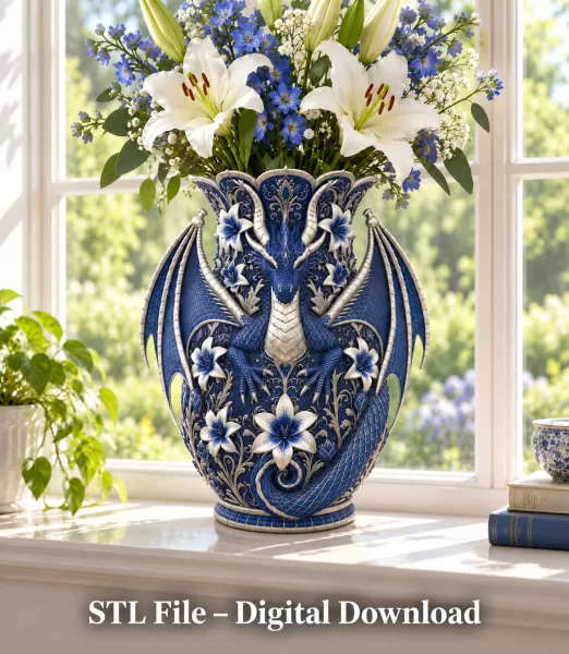 Royal Blue Lily Dragon Vase STL File for 3D Print - Model preview 4