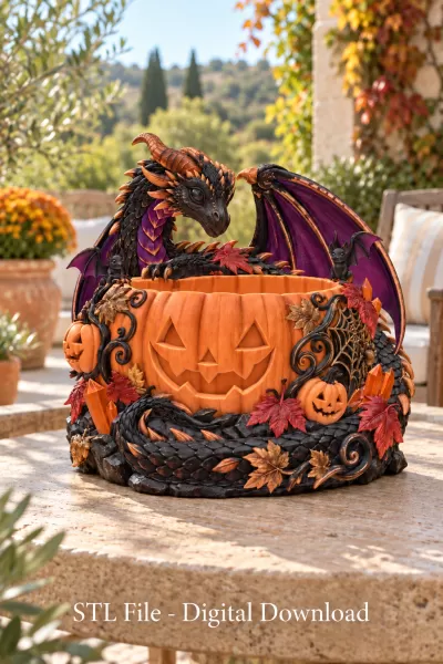 Halloween Dragon Pumpkin Bowl STL File for 3D Print - Model preview 2