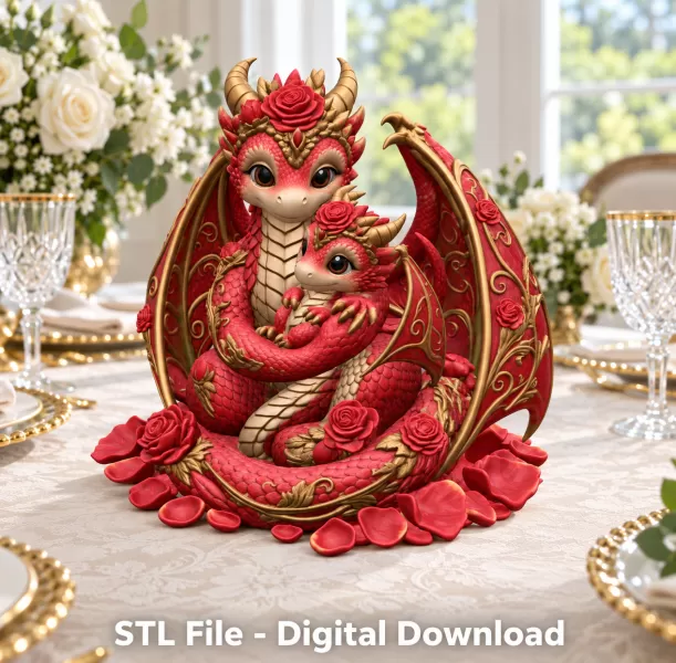 Rose Dragon Mother and Baby STL File for 3D Print - Model preview 3