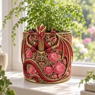 Red Floral Dragon Flower Pot STL File for 3D Print - Model thumbnail 5