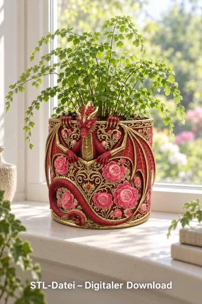 Red Floral Dragon Flower Pot STL File for 3D Print - Model preview 5