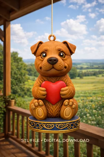 Cute Puppy Holding Heart STL File – 3D Printable Dog Figurine - Model preview 1