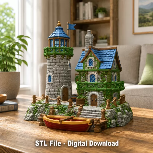 Coastal Lighthouse Cottage STL File for 3D Print - Model preview 3