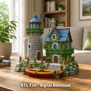 Coastal Lighthouse Cottage STL File for 3D Print - Model thumbnail 3