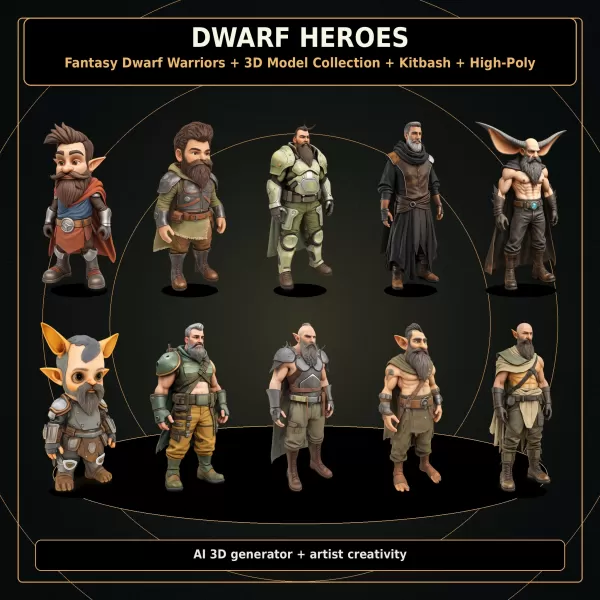 Dwarf Heroes Fantasy Warrior Kitbash Pack – High-Poly 10 Char - Model preview 1