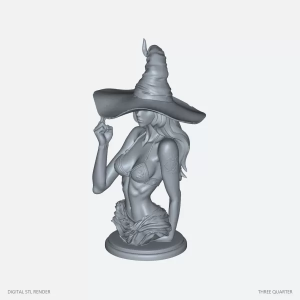 Wide-Brim Witch Bust - STL - Model preview 2