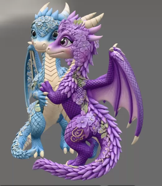 Romantic Floral Dragon Couple STL File for 3D Print - Model preview 9