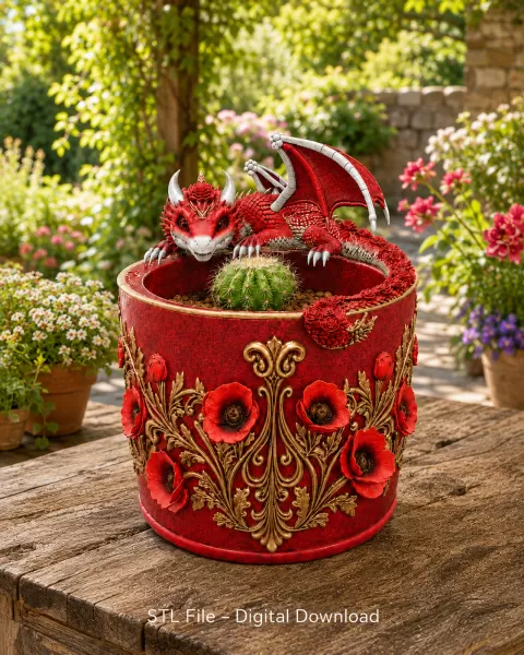Crimson Poppy Dragon Planter STL File for 3D Print - Model preview 2