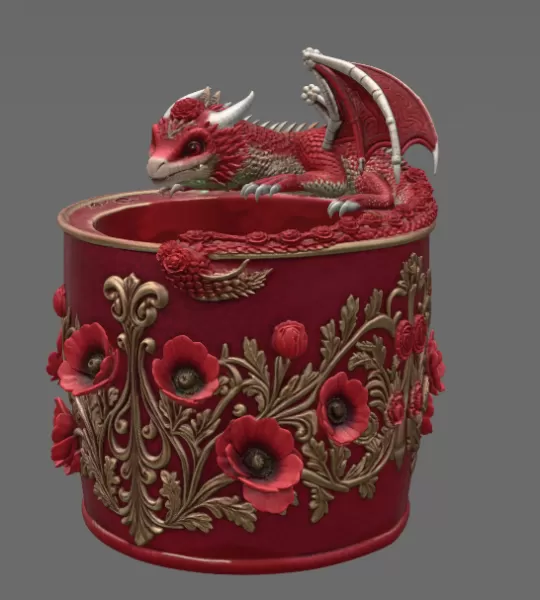 Crimson Poppy Dragon Planter STL File for 3D Print - Model preview 6