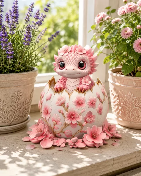 Cherry Blossom Baby Dragon in Egg STL File for 3D Print - Model preview 2