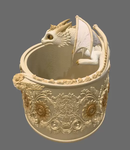 Golden Sunflower Dragon Planter STL File for 3D Print - Model preview 9