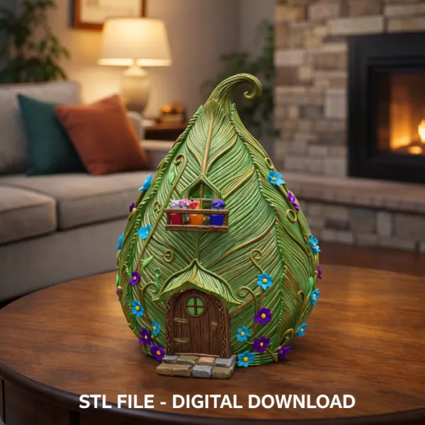 Enchanted Leaf Fairy House STL File 3D Printable Fantasy Cottage - Model preview 2