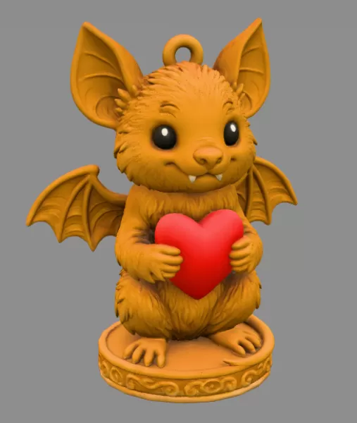 Gothic Cute Bat Holding Heart STL – 3D Print Animal Ornament - Model preview 6