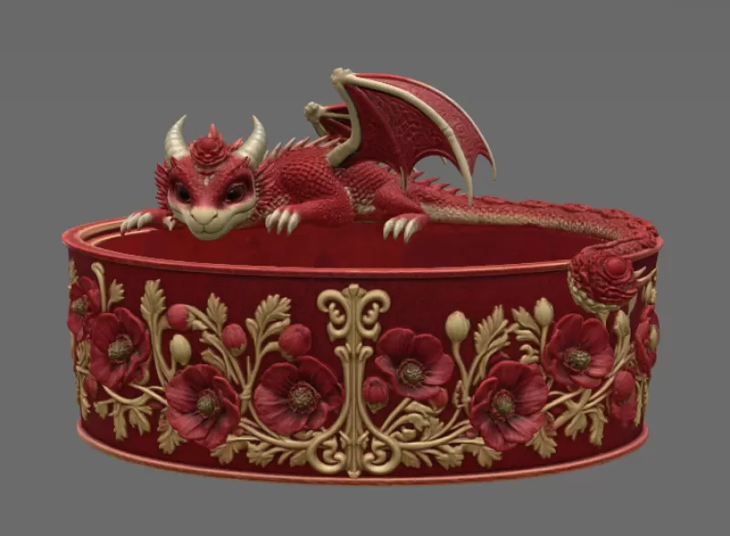 Crimson Poppy Dragon Planter STL File for 3D Print - Model preview 7