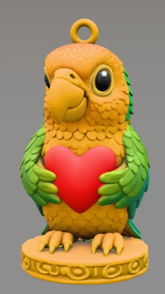 Colorful Parrot Pendant Holding a Heart – Cute Bird Pendant - Model preview 2