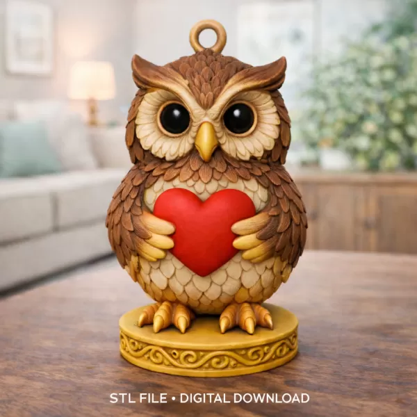Owl with Heart - Highly Detailed Figurine Pendant - Model preview 8