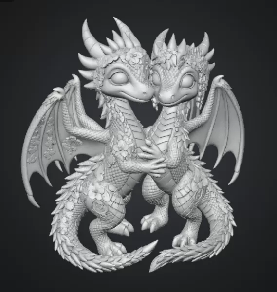 Romantic Floral Dragon Couple STL File for 3D Print - Model preview 16