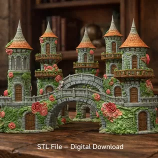 Enchanted Rose Castle Bridge Cottage STL File for 3D Printing - Model thumbnail 2