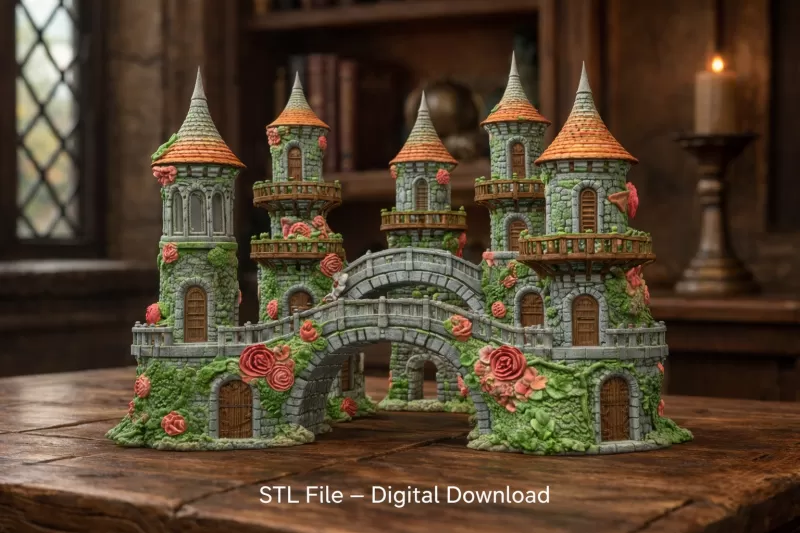 Enchanted Rose Castle Bridge Cottage STL File for 3D Printing - Model preview 2