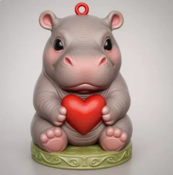 Cute Hippo Pendant — Heart Holding Figurine - Model preview 5
