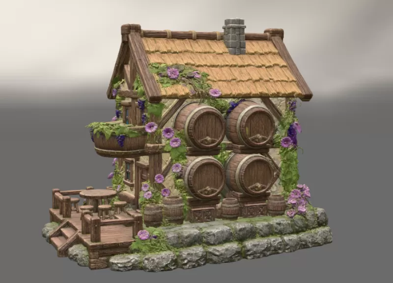 Fantasy Wine Cottage – Medieval Vineyard House STL for 3D Printi - Model preview 3
