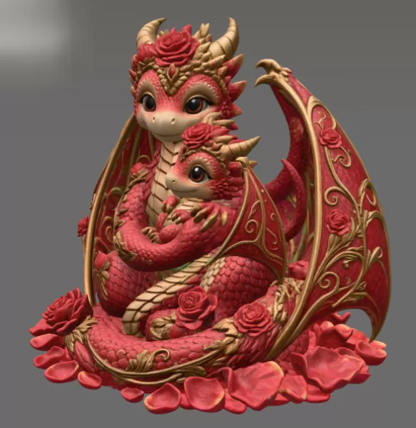 Rose Dragon Mother and Baby STL File for 3D Print - Model preview 9
