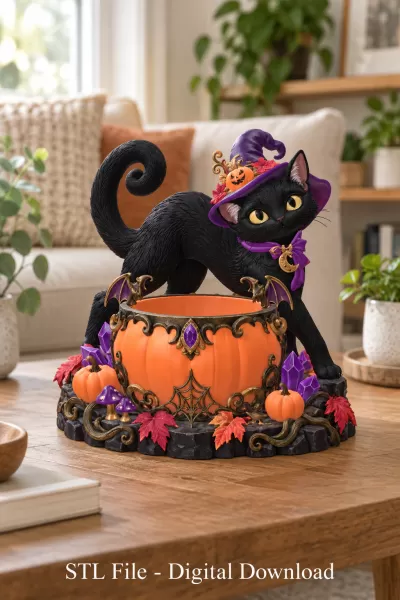 Halloween Witch Cat Pumpkin Bowl STL File for 3D Print - Model preview 4