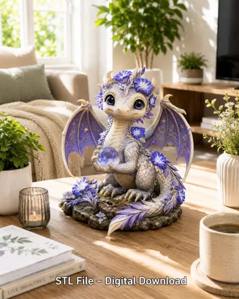 Cute Moonlight Dragon with Crystal Orb STL File for 3D Print - Model preview 2