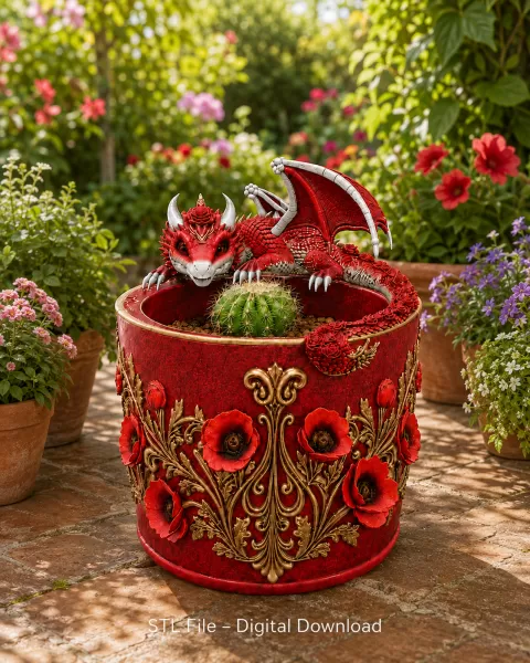 Crimson Poppy Dragon Planter STL File for 3D Print - Model preview 3