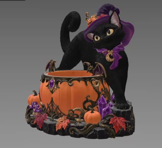 Halloween Witch Cat Pumpkin Bowl STL File for 3D Print - Model preview 9