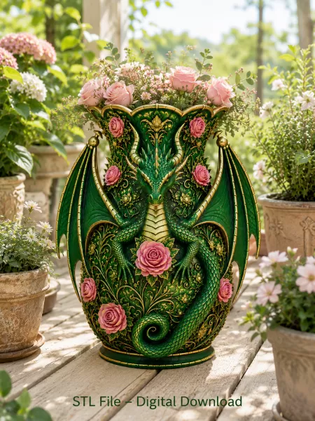 Emerald Rose Dragon Vase STL for 3D Print - Model preview 1