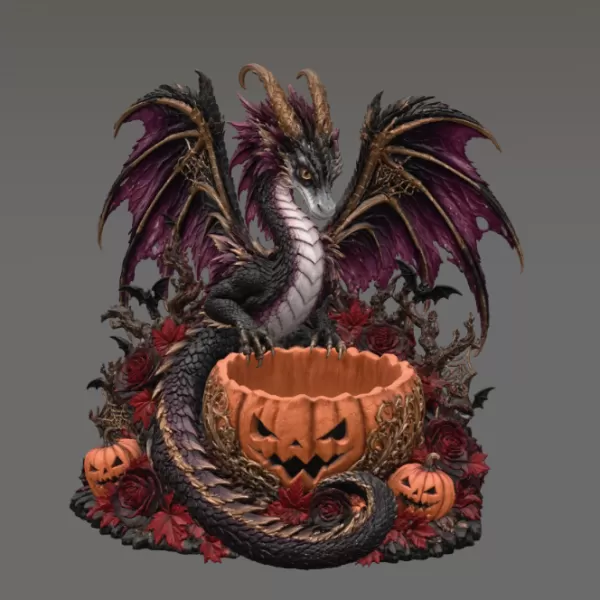 Gothic Halloween Dragon Pumpkin Bowl STL File for 3D Print - Model preview 6