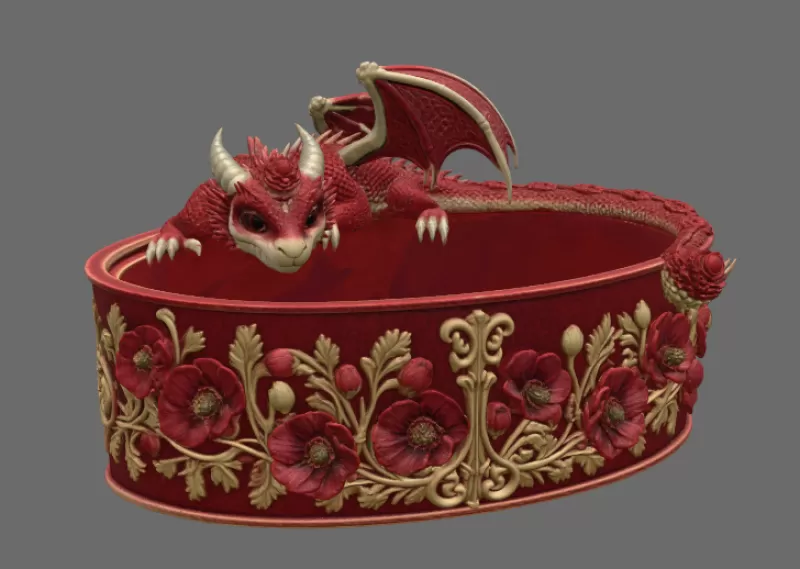 Crimson Poppy Dragon Planter STL File for 3D Print - Model preview 12