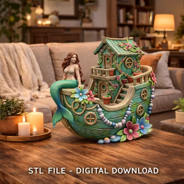 Mermaid Boat House STL File 3D Printable Fantasy Mermaid Scene - Model preview 1