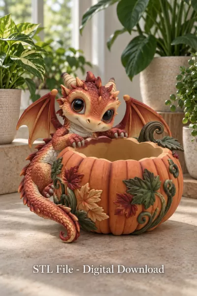 Autumn Baby Dragon Pumpkin Bowl STL File for 3D Print - Model preview 3
