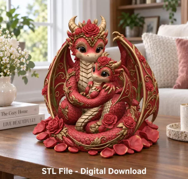 Rose Dragon Mother and Baby STL File for 3D Print - Model preview 1