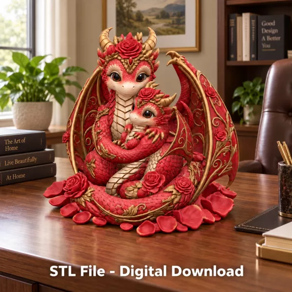 Rose Dragon Mother and Baby STL File for 3D Print - Model preview 5
