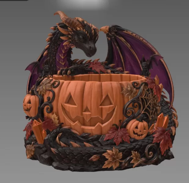 Halloween Dragon Pumpkin Bowl STL File for 3D Print - Model preview 6