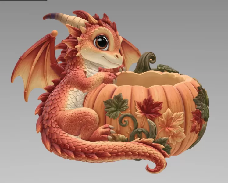 Autumn Baby Dragon Pumpkin Bowl STL File for 3D Print - Model preview 12