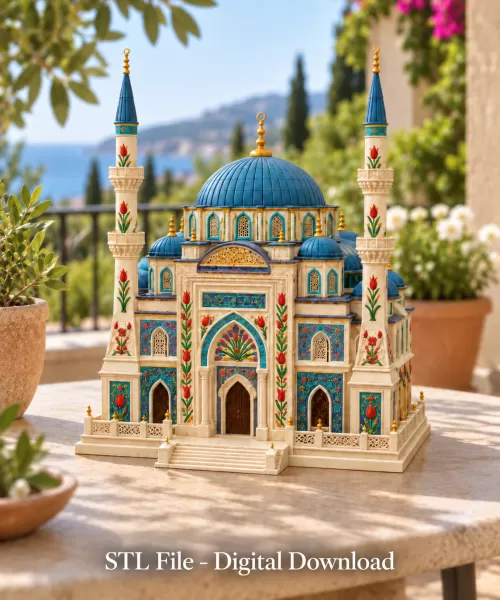 Blue Dome and Twin Minaret Architecture STL File for 3D Print - Model preview 2